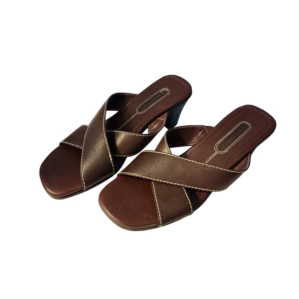 Rockport Brown Leather Crisscross Slide Sandals Block Heel Square Toe Size 7.5M